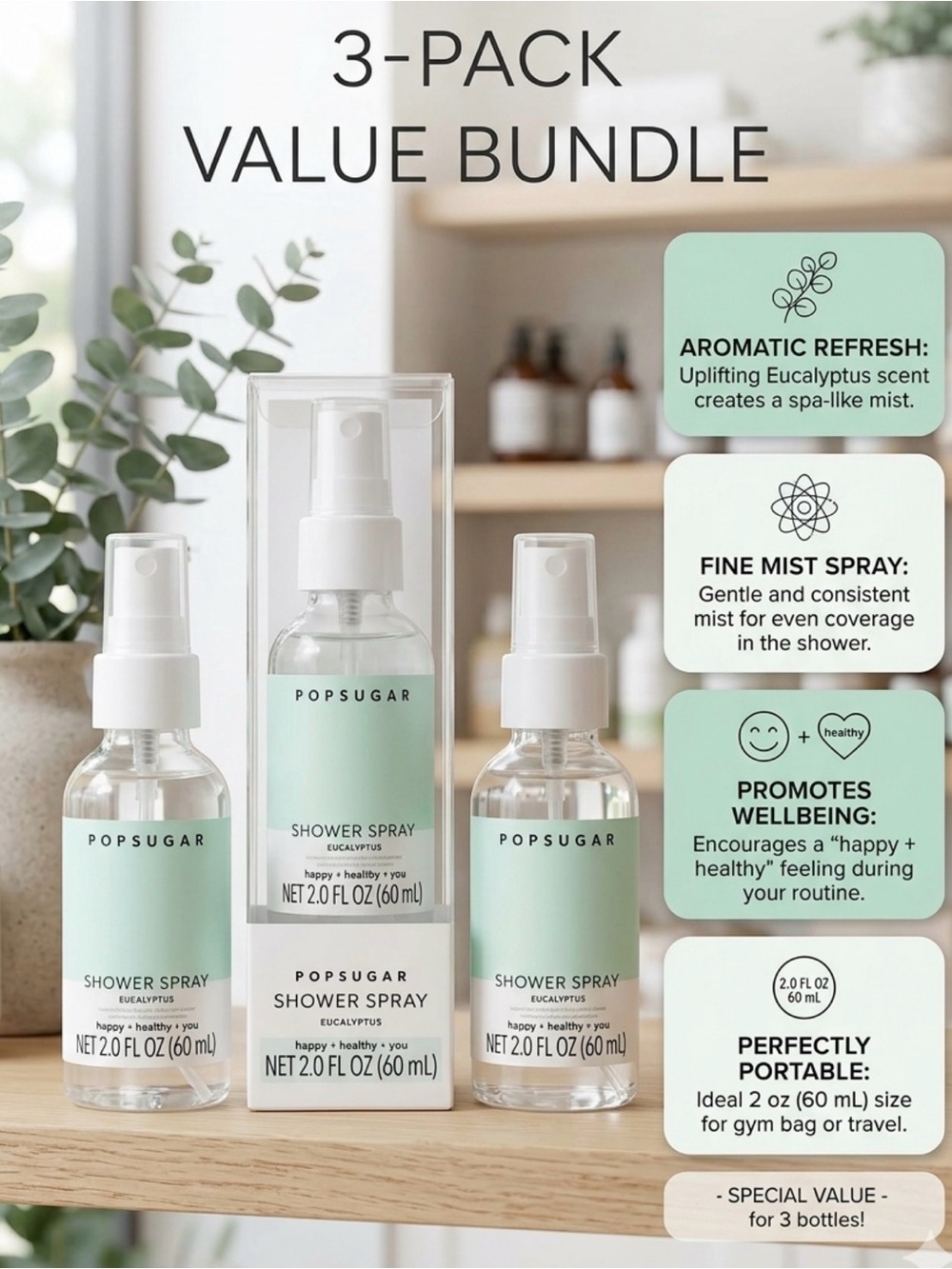 POPSUGAR Eucalyptus Shower Spray Set - Mint Green & White